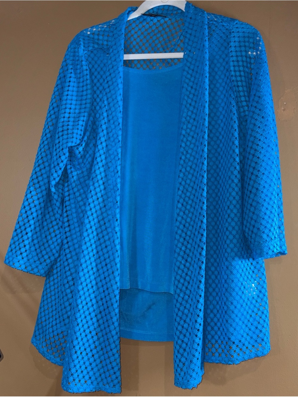 HC851. Slinky Brand Blue Lace Cardigan and Tank Set Womens 1X Floral Open Front